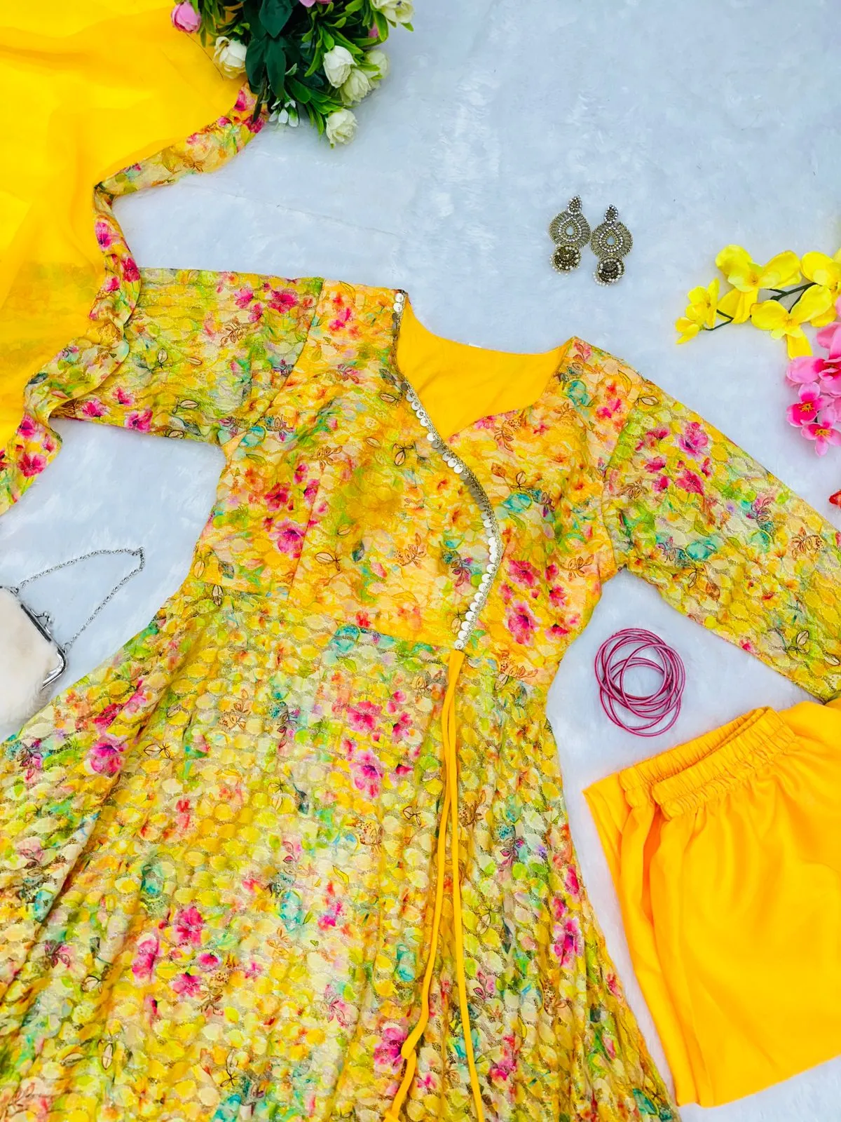 Multi Color Design With Yellow Color Wonderful Anarkali Gown