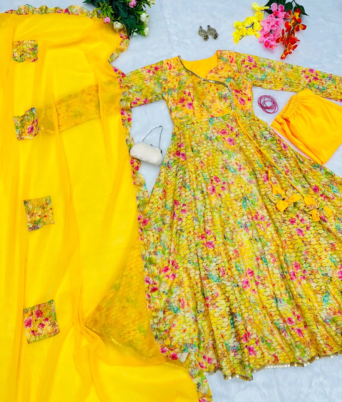 Multi Color Design With Yellow Color Wonderful Anarkali Gown