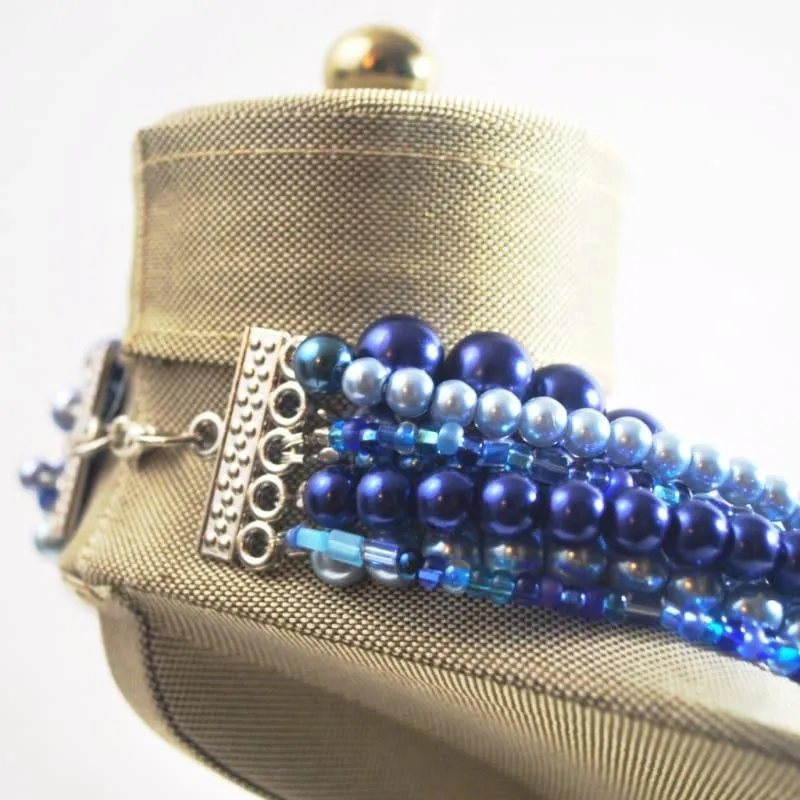 Multi Strand Shades of Blue Glass Pearls Necklace