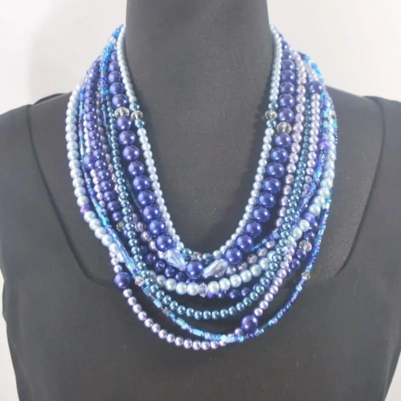 Multi Strand Shades of Blue Glass Pearls Necklace