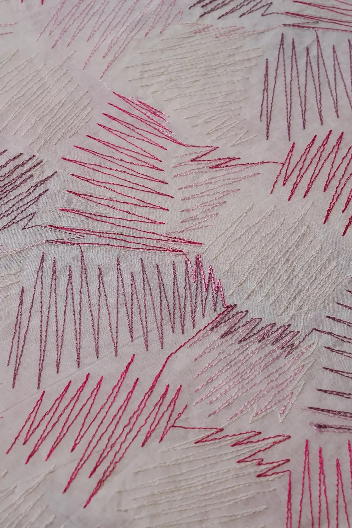 Multi Thread Abstract Embroidery Work On Off White Organic Cotton Fabric