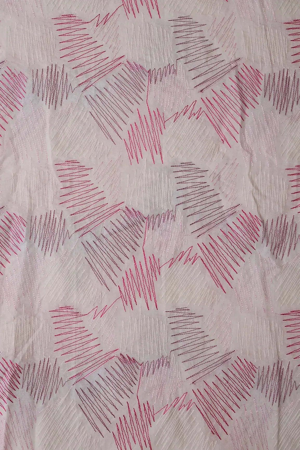 Multi Thread Abstract Embroidery Work On Off White Organic Cotton Fabric