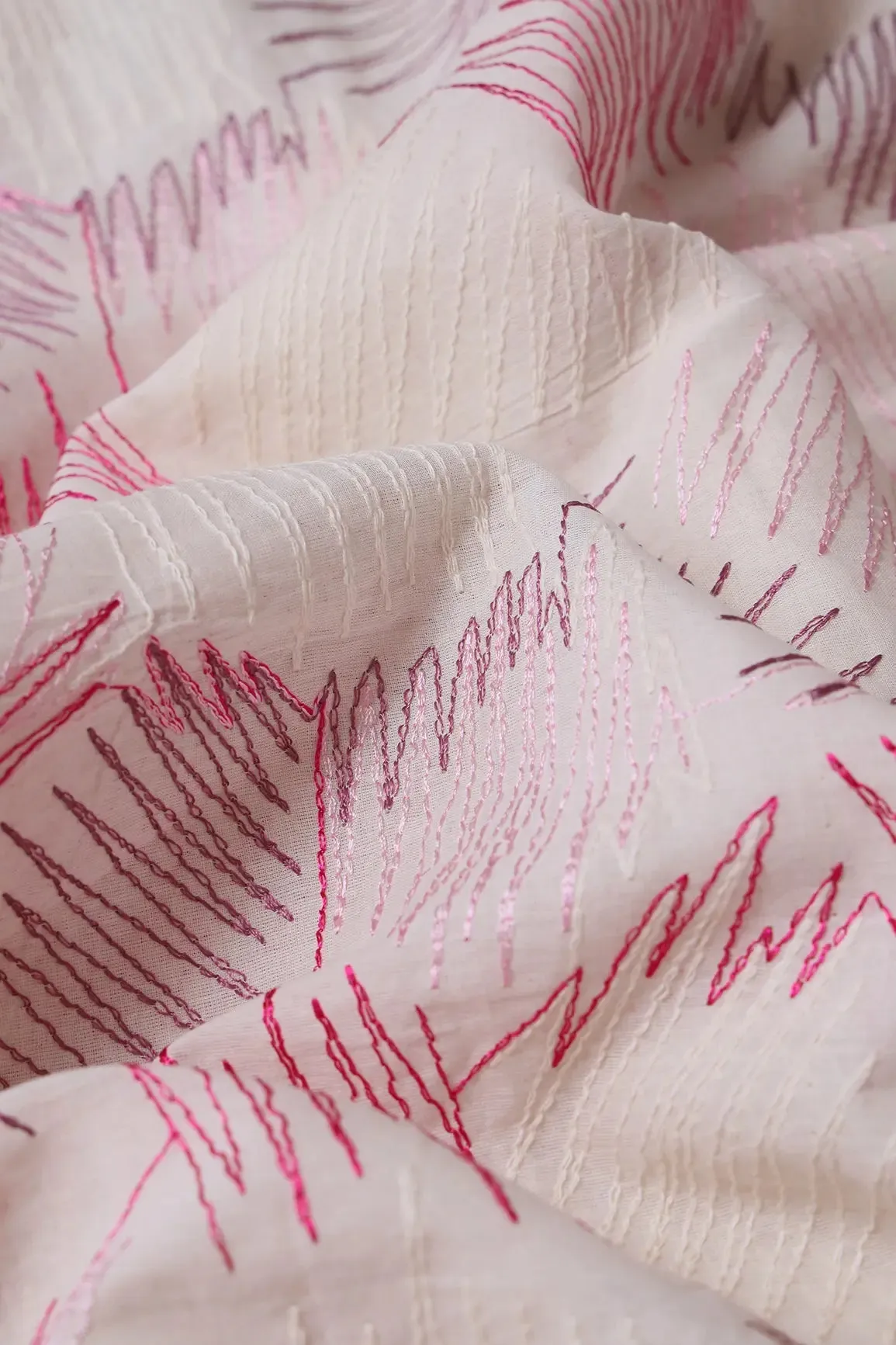 Multi Thread Abstract Embroidery Work On Off White Organic Cotton Fabric