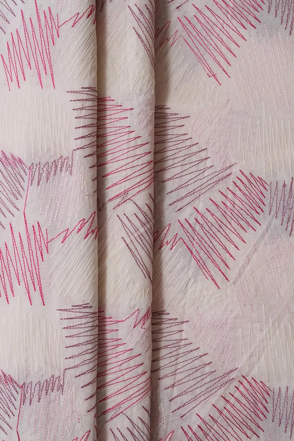 Multi Thread Abstract Embroidery Work On Off White Organic Cotton Fabric