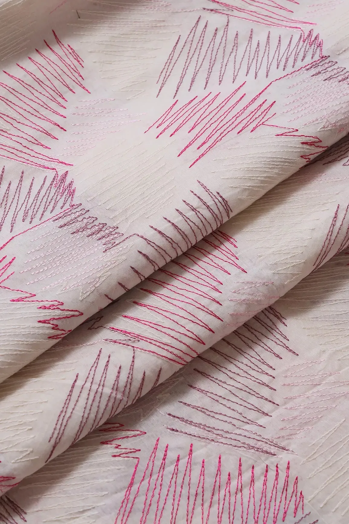 Multi Thread Abstract Embroidery Work On Off White Organic Cotton Fabric