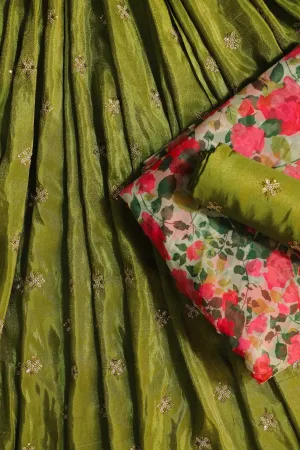 Olive Green And White Unstitched Lehenga Set Fabric (3 Piece)