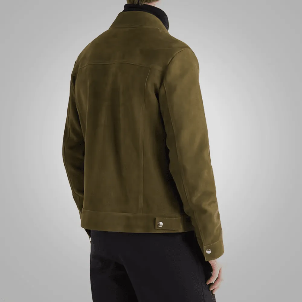 Olive Green Lambskin Leather Trucker Jacket For Men