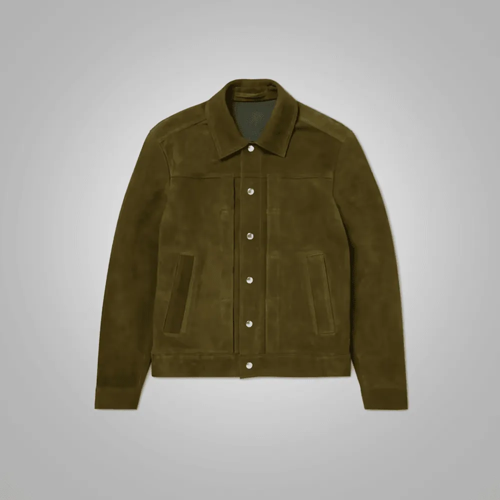 Olive Green Lambskin Leather Trucker Jacket For Men