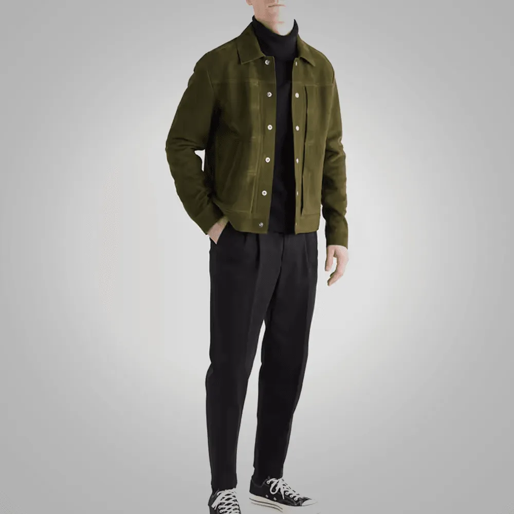 Olive Green Lambskin Leather Trucker Jacket For Men