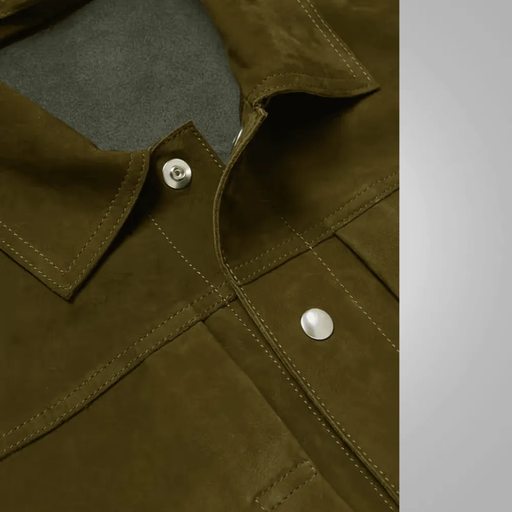Olive Green Lambskin Leather Trucker Jacket For Men