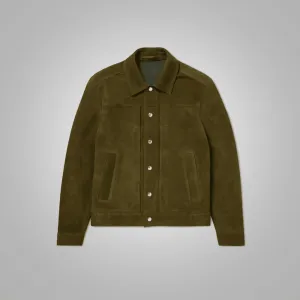 Olive Green Lambskin Leather Trucker Jacket For Men