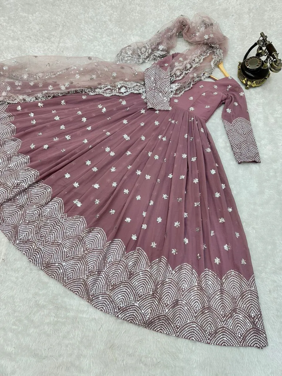 Onion Color Anarkali Gown in Faux Georgette with Sequence Embroidery Work