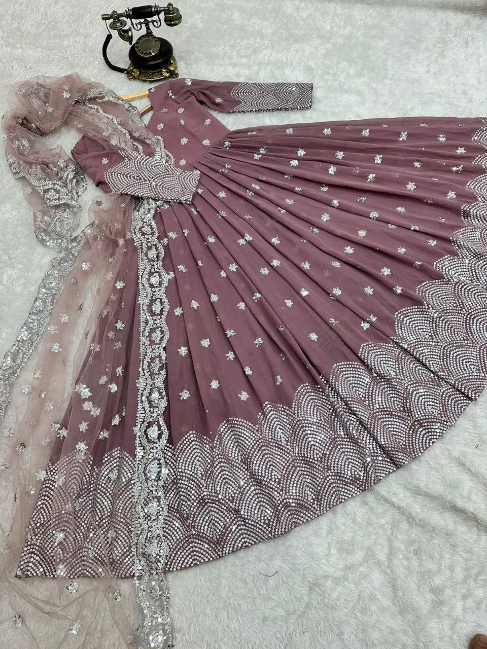 Onion Color Anarkali Gown in Faux Georgette with Sequence Embroidery Work