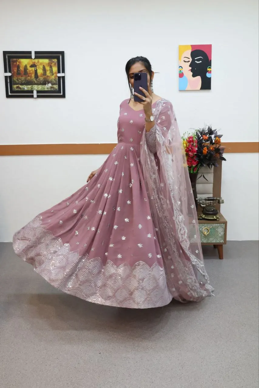 Onion Color Anarkali Gown in Faux Georgette with Sequence Embroidery Work