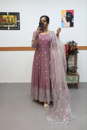 Onion Color Anarkali Gown in Faux Georgette with Sequence Embroidery Work
