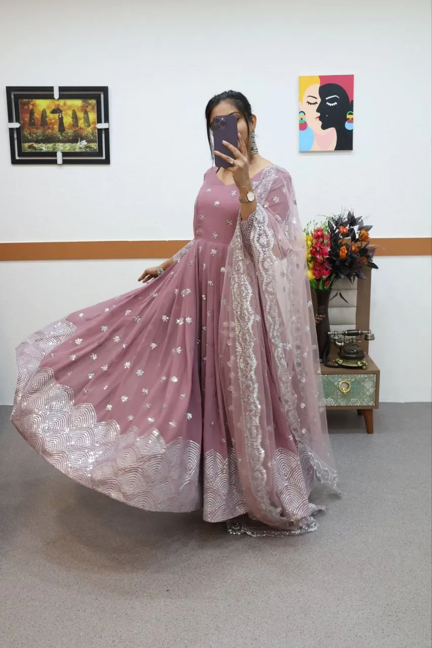Onion Color Anarkali Gown in Faux Georgette with Sequence Embroidery Work