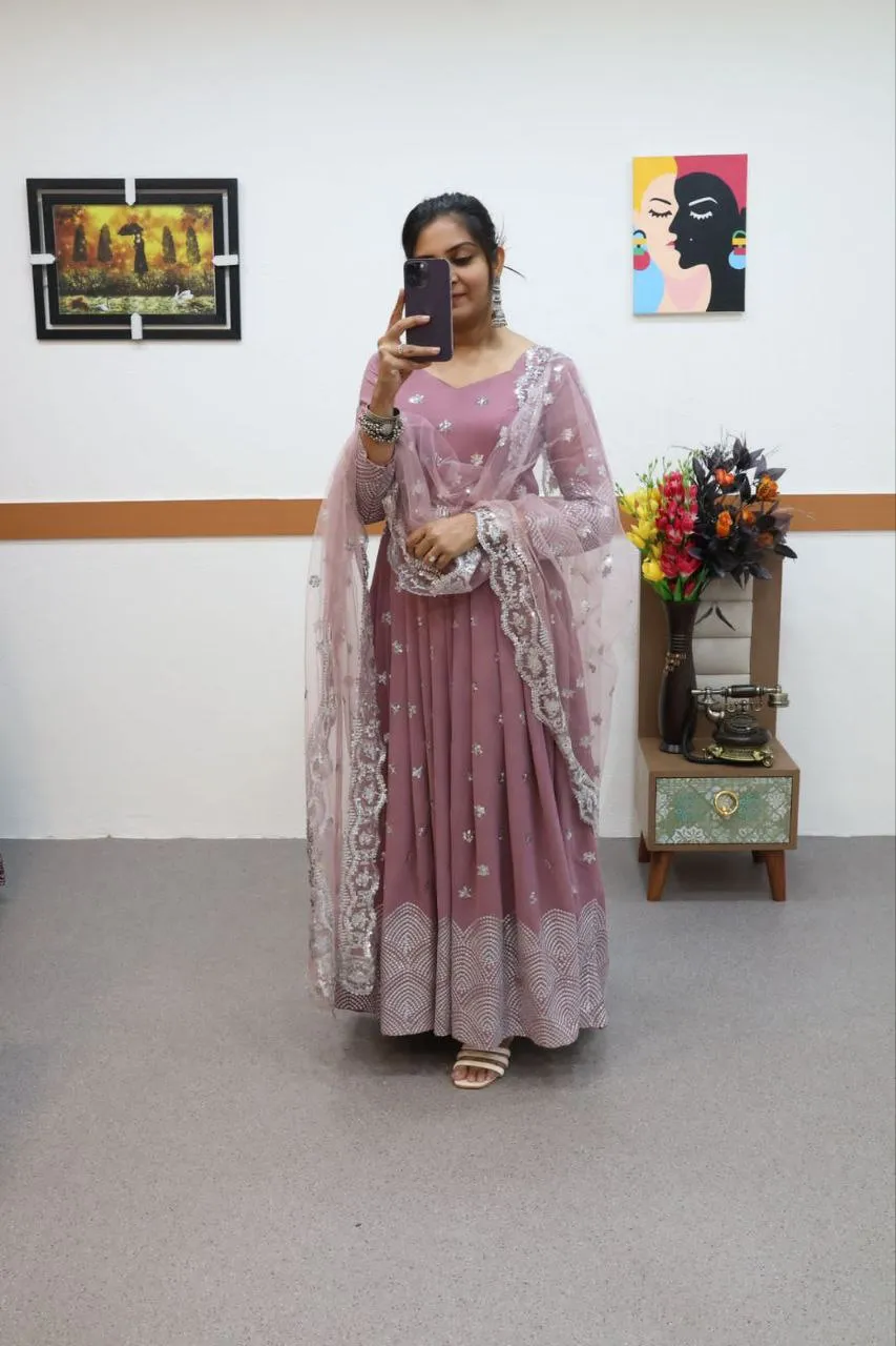 Onion Color Anarkali Gown in Faux Georgette with Sequence Embroidery Work
