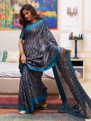 Opulent Light blue ,Festive Wear Printed  Pure Linen Saree