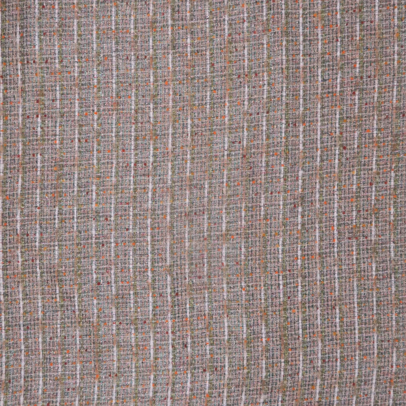 Orange and Olive Green Multicolored with Metallic Accents Abstract Texture Threaded Tweed Boucle Fabric
