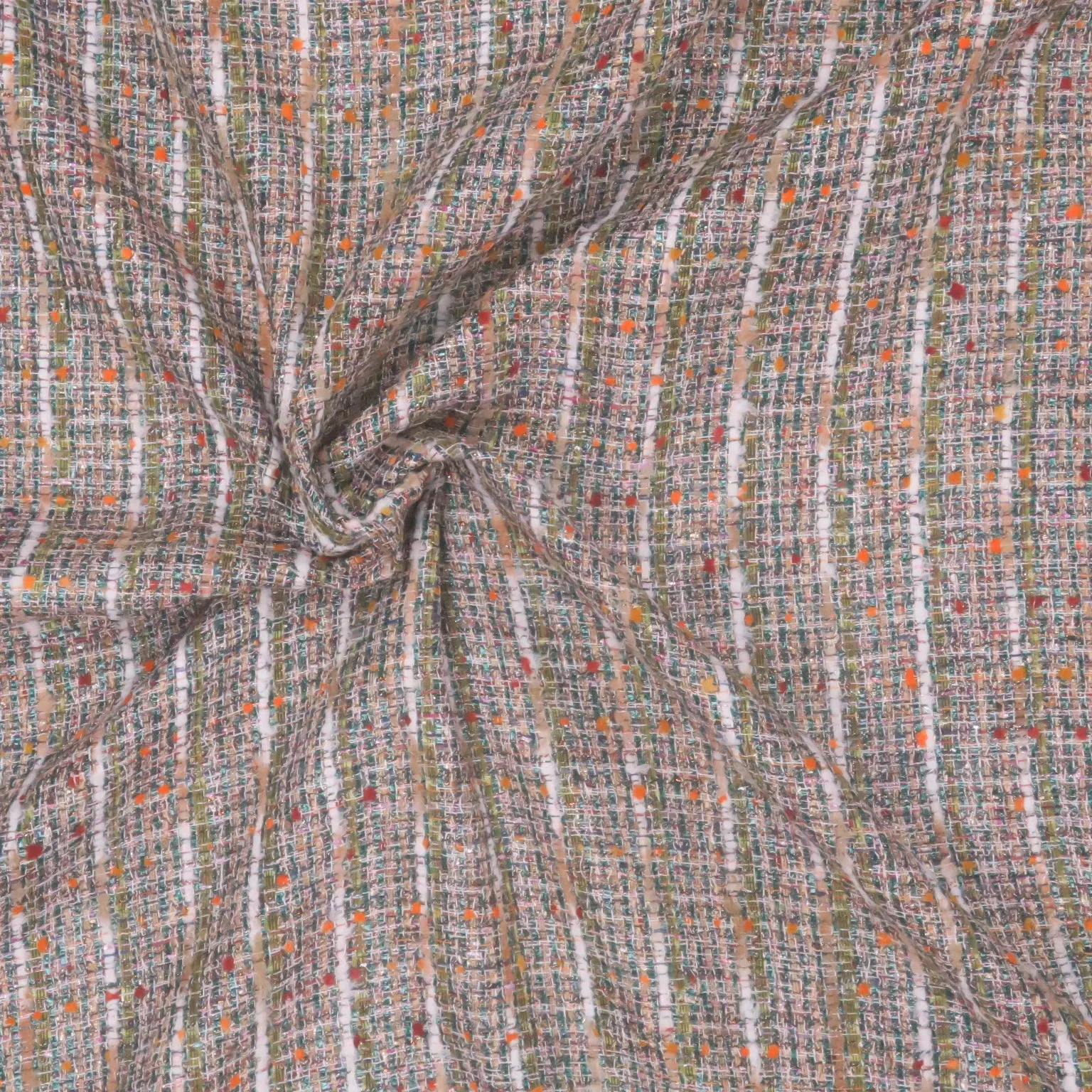 Orange and Olive Green Multicolored with Metallic Accents Abstract Texture Threaded Tweed Boucle Fabric