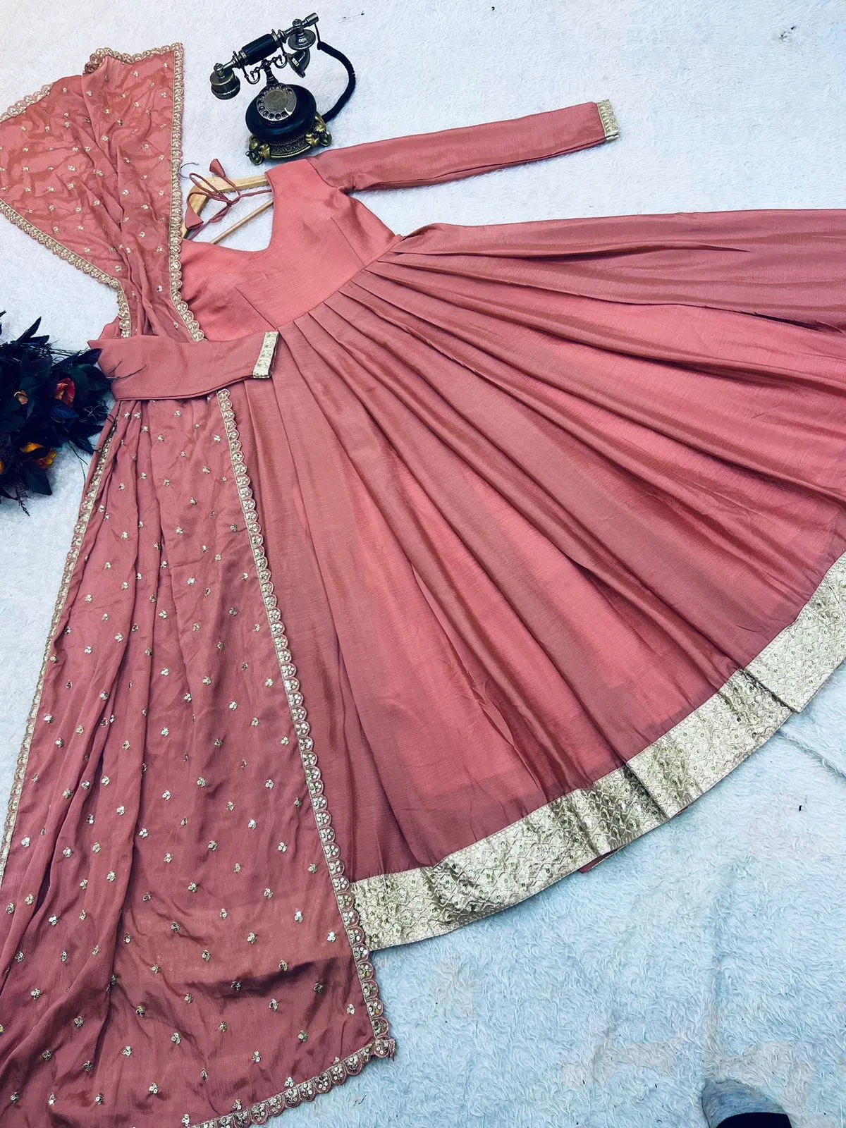 Peach Blue Sequence Work Long Gown