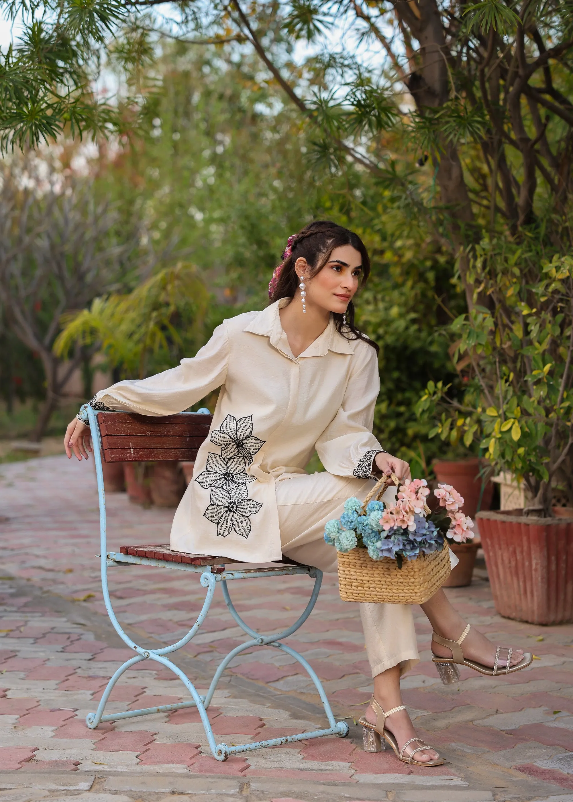 Pearl Viscose Ivory Embroidered Coord Set
