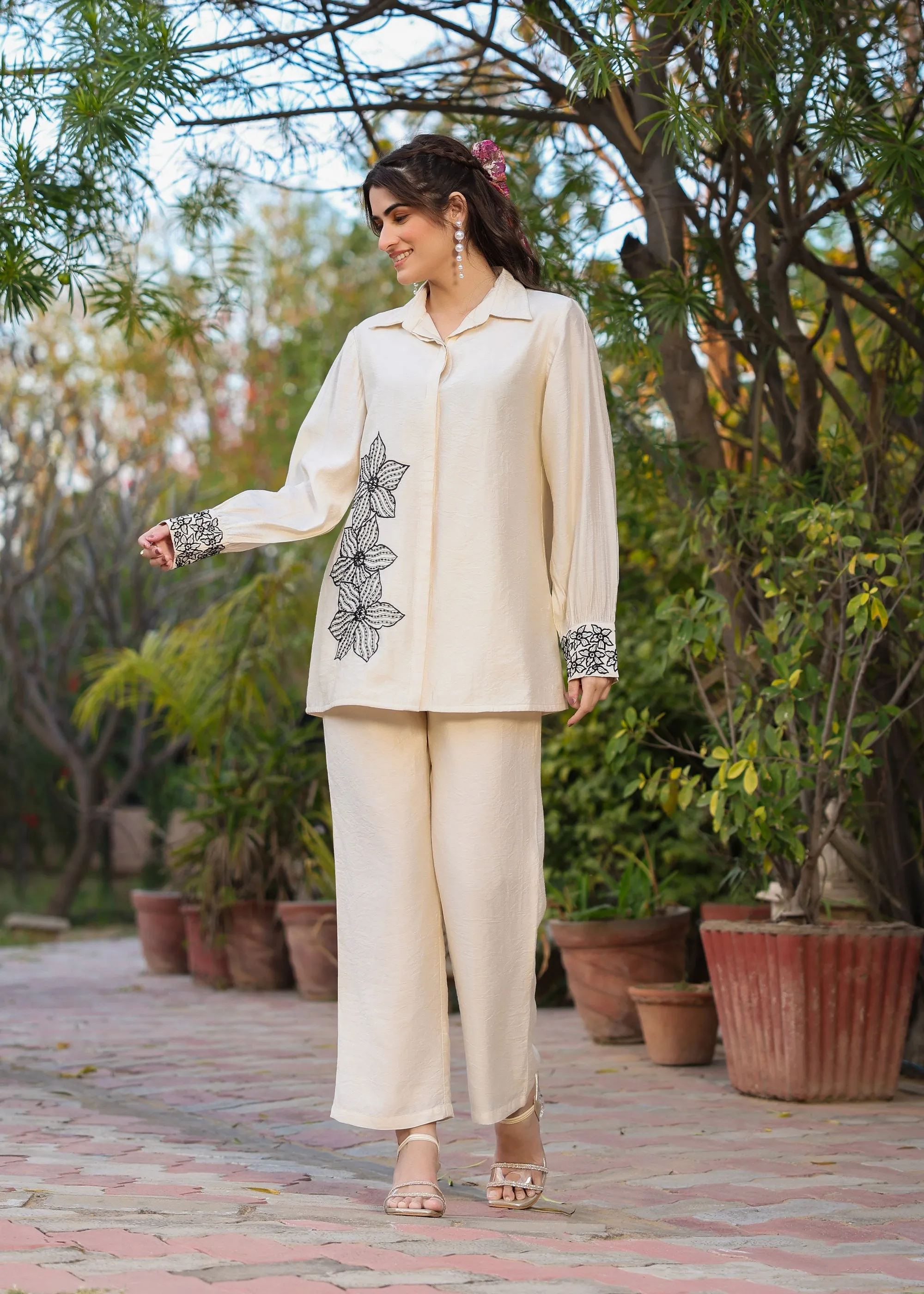 Pearl Viscose Ivory Embroidered Coord Set