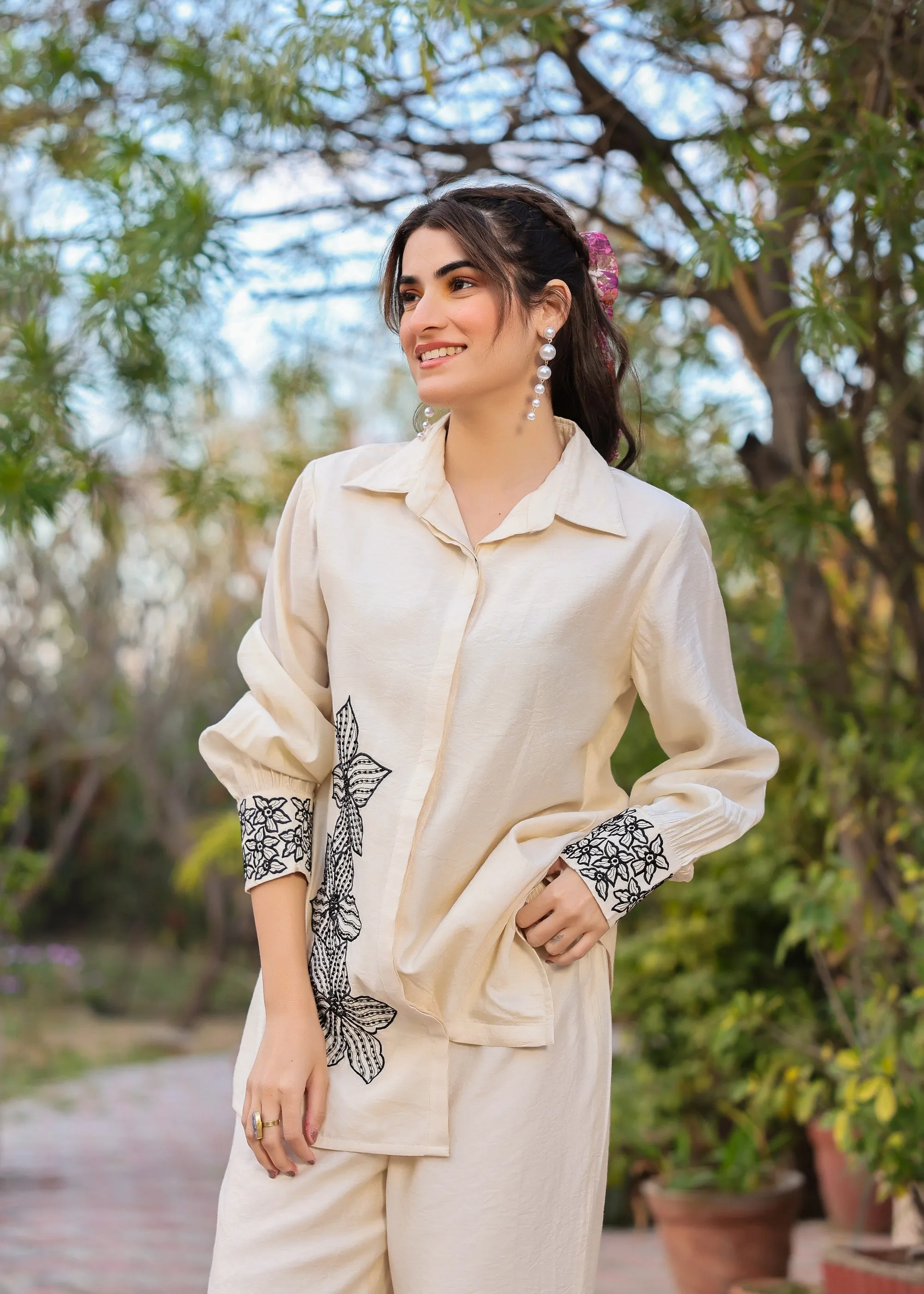 Pearl Viscose Ivory Embroidered Coord Set