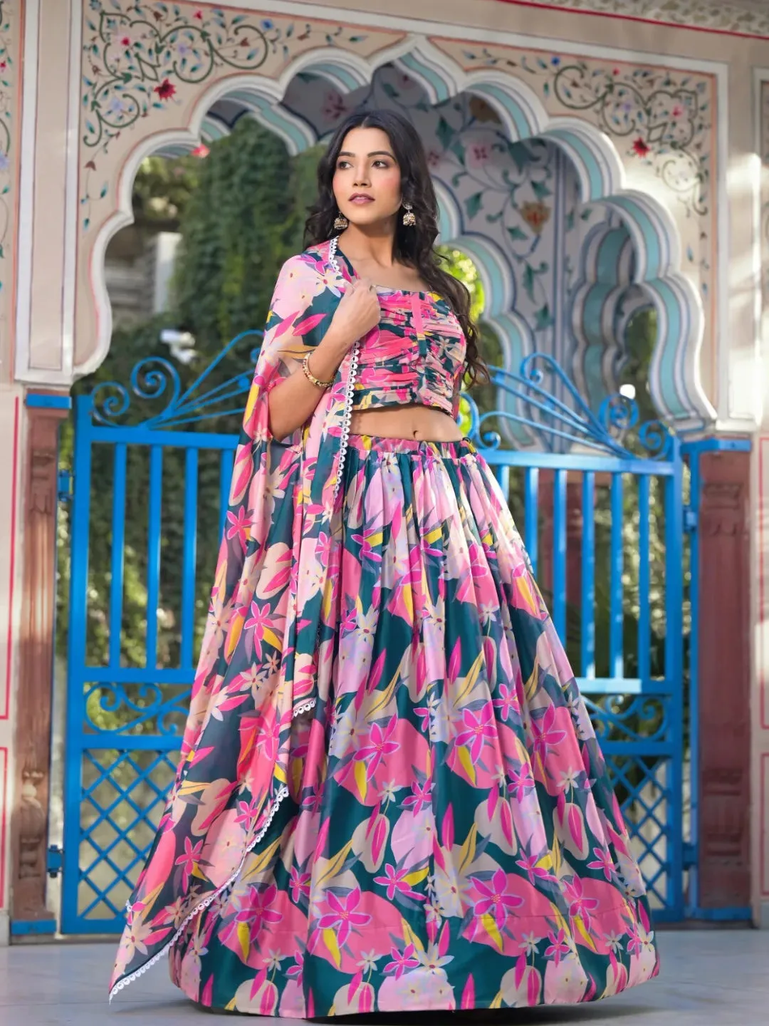 Peerless Pink Slim Georgette Floral Printed Lehenga Choli