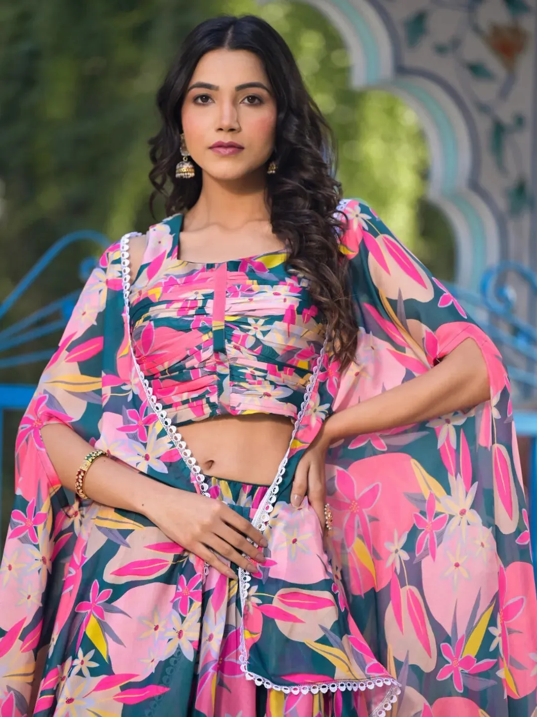 Peerless Pink Slim Georgette Floral Printed Lehenga Choli