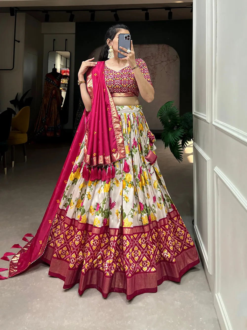 Pink Color Floral And Patola Printed With Foil Work Tussar Silk Lehenga Choli