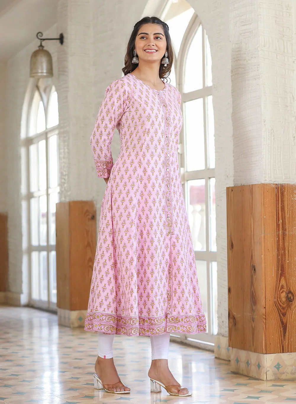 Pink Cotton Printed A-line Kurta (Set of 1)