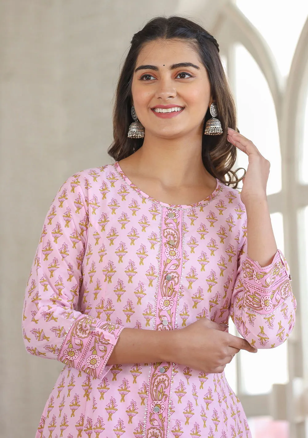 Pink Cotton Printed A-line Kurta (Set of 1)