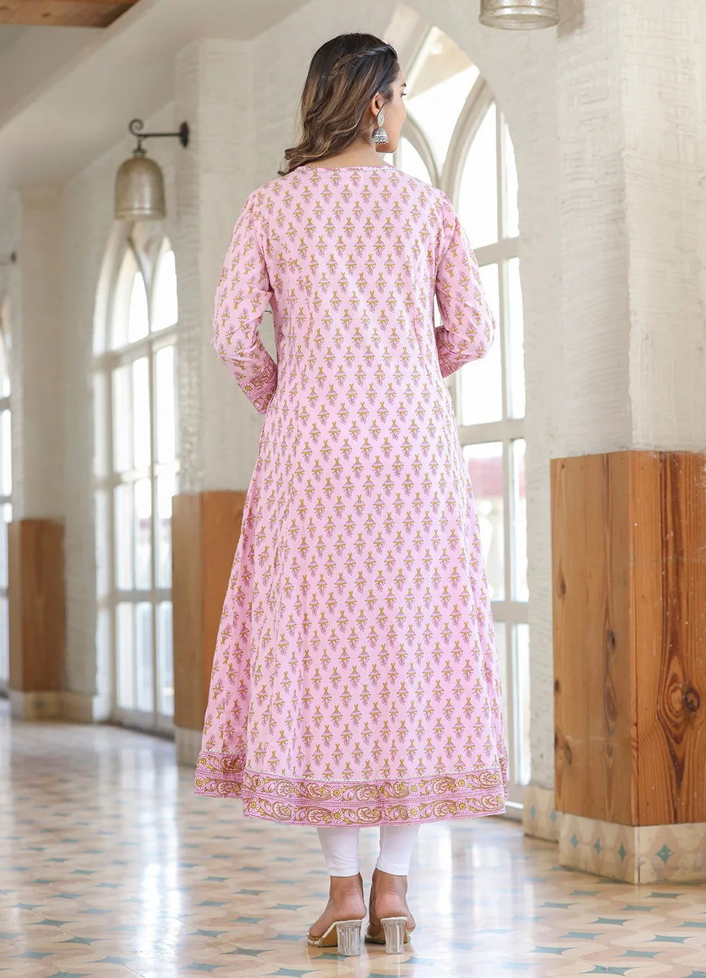 Pink Cotton Printed A-line Kurta (Set of 1)
