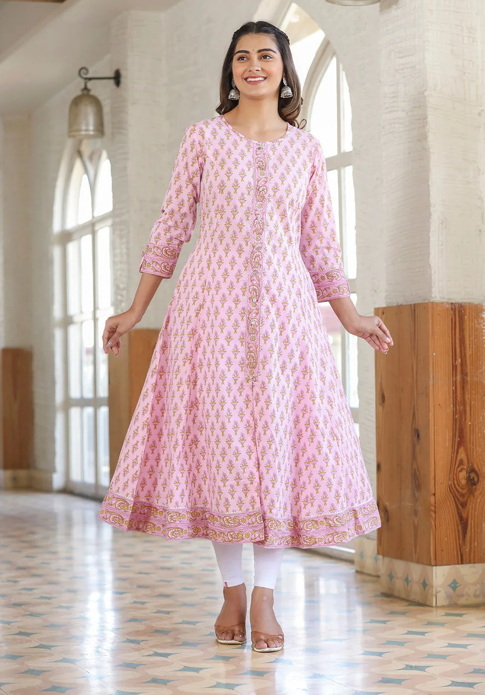 Pink Cotton Printed A-line Kurta (Set of 1)