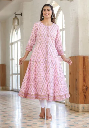 Pink Cotton Printed A-line Kurta (Set of 1)