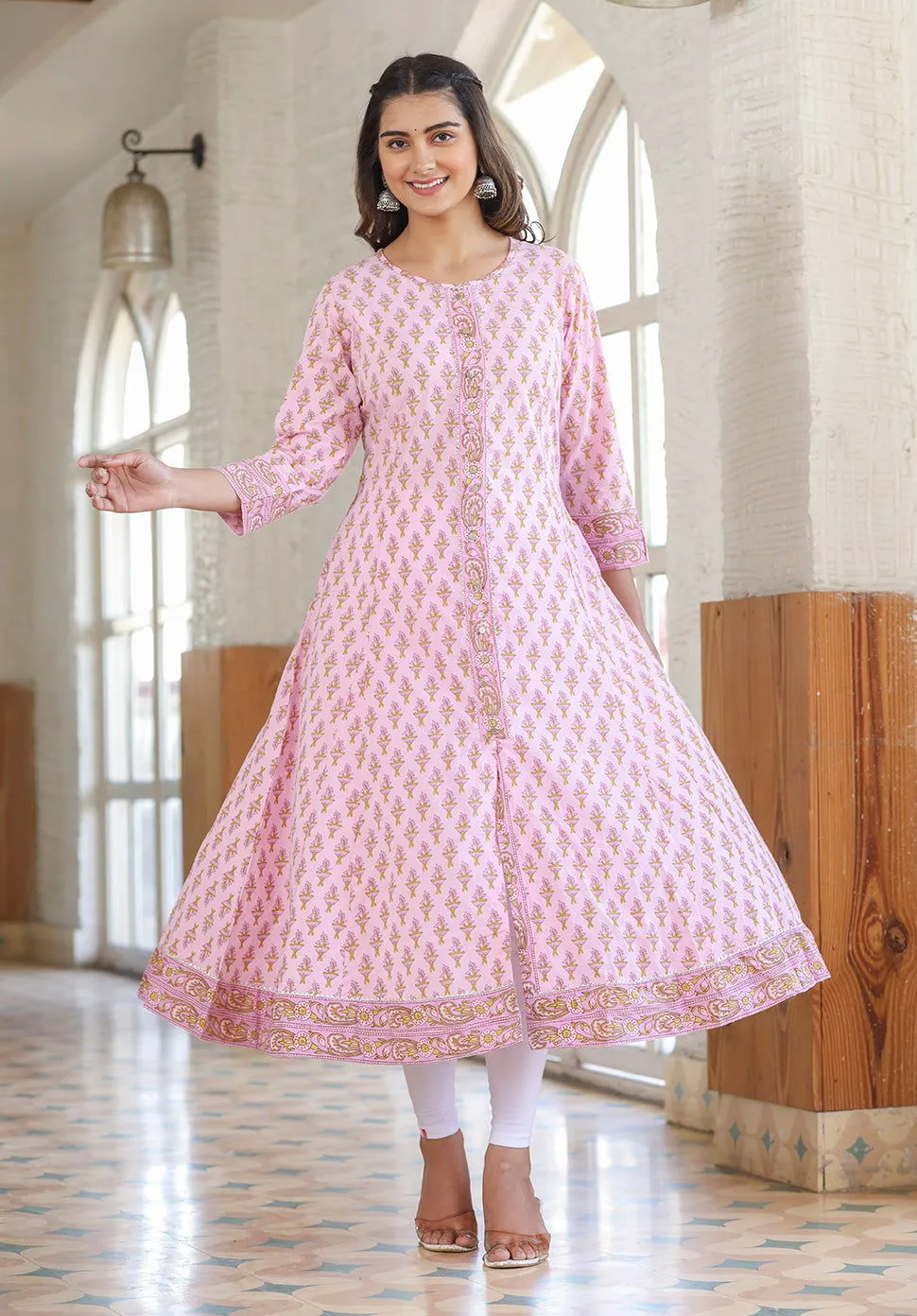Pink Cotton Printed A-line Kurta (Set of 1)