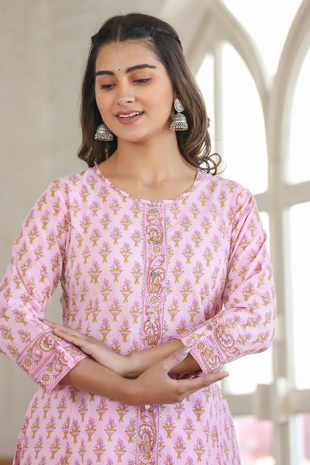 Pink Cotton Printed A-line Kurta (Set of 1)