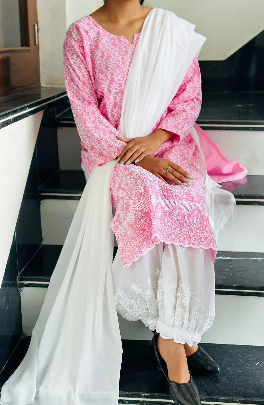 Pink Lucknow Luxe Elegance 3 pc Kurti Set with Afghani Pants & Dupatta