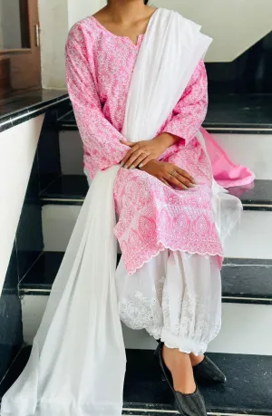 Pink Lucknow Luxe Elegance 3 pc Kurti Set with Afghani Pants & Dupatta
