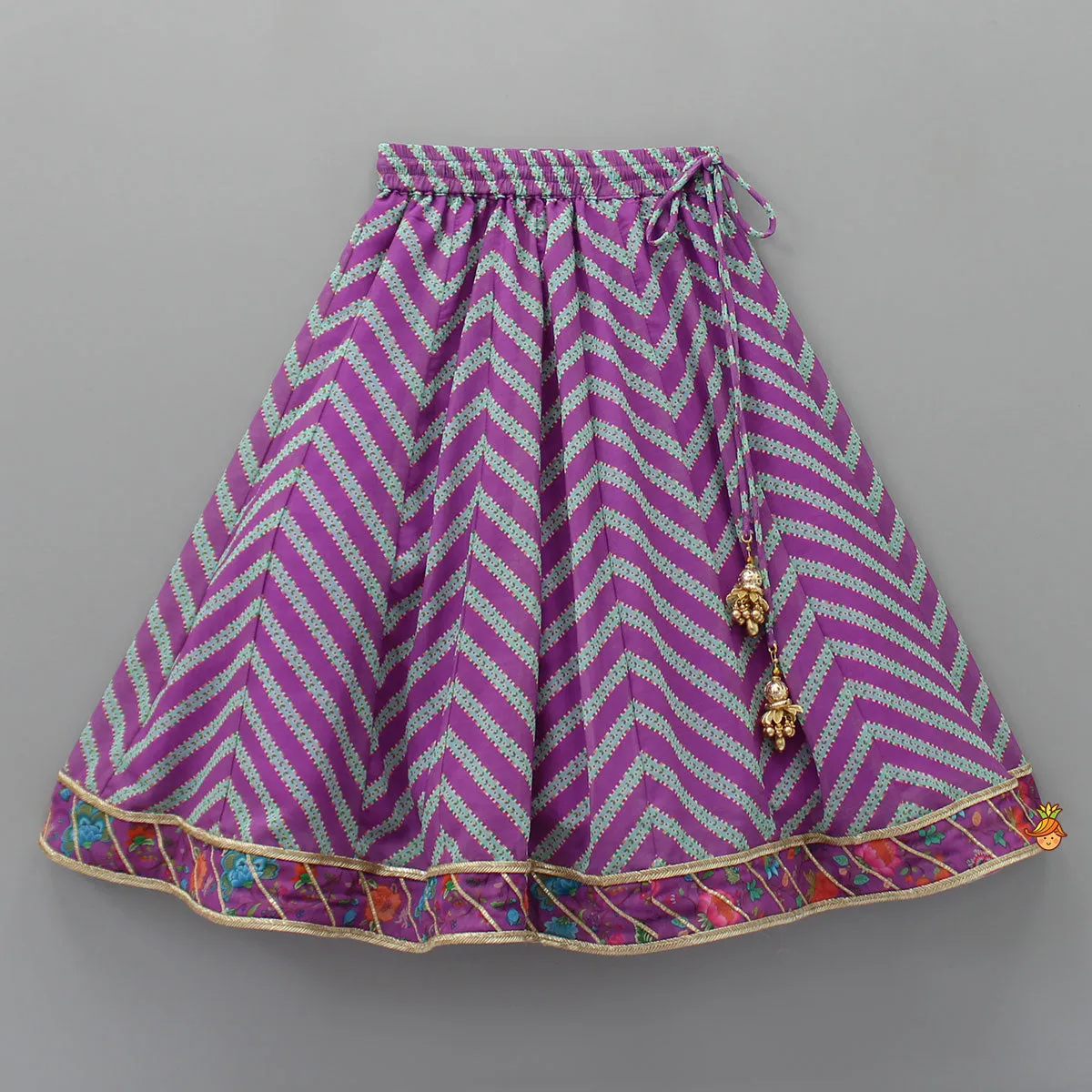Pre Order: Floral Printed Lace Detailed Purple Top And Lehenga With Dupatta