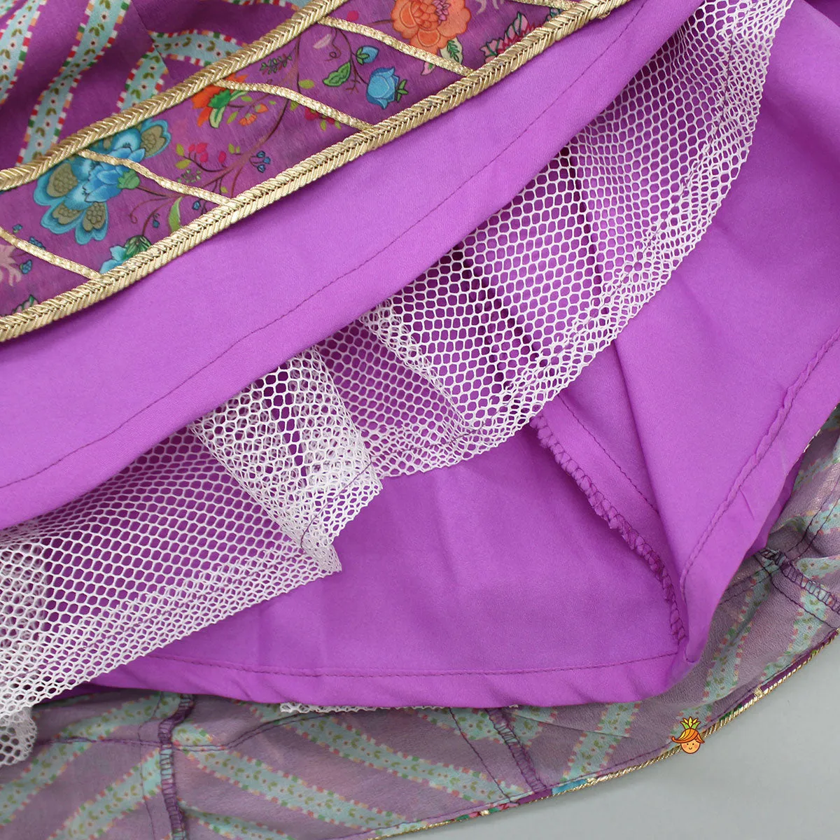 Pre Order: Floral Printed Lace Detailed Purple Top And Lehenga With Dupatta