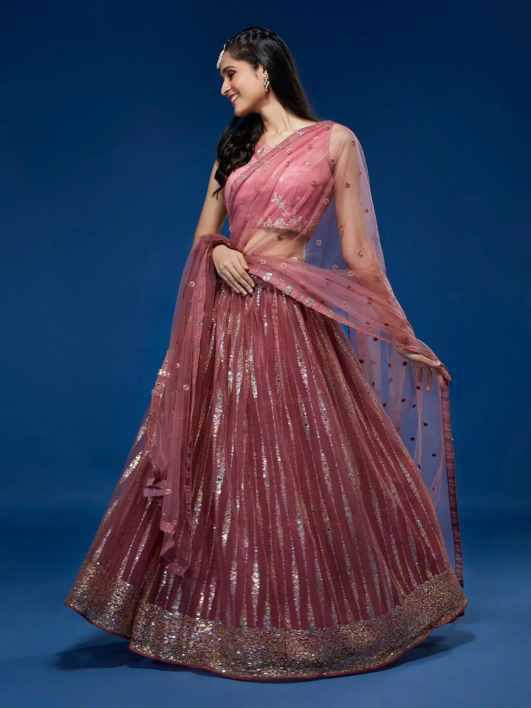 Rose Gold Net Sequinse Work Semi-Stitched Lehenga & Unstitched Blouse, Dupatta