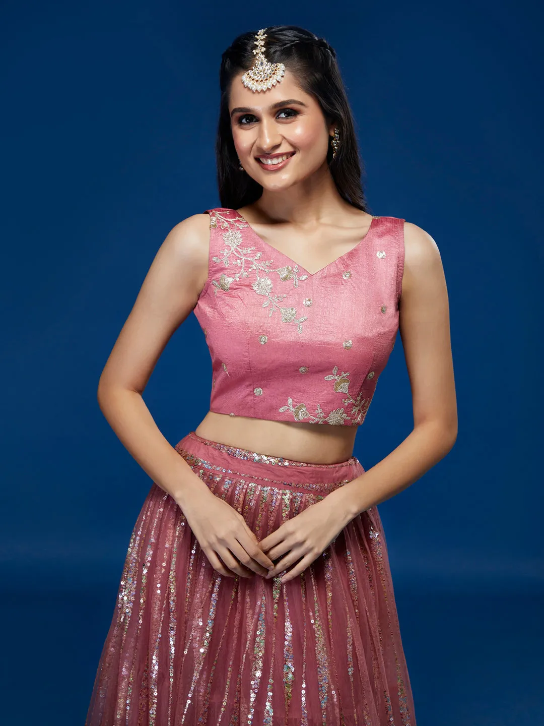 Rose Gold Net Sequinse Work Semi-Stitched Lehenga & Unstitched Blouse, Dupatta