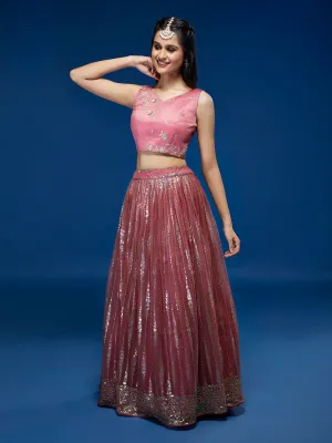 Rose Gold Net Sequinse Work Semi-Stitched Lehenga & Unstitched Blouse, Dupatta