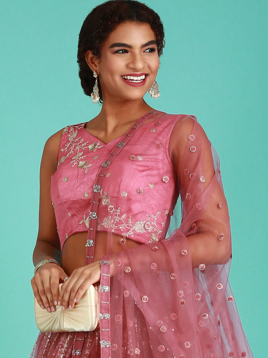 Rose Gold Net Sequinse Work Semi-Stitched Lehenga & Unstitched Blouse, Dupatta