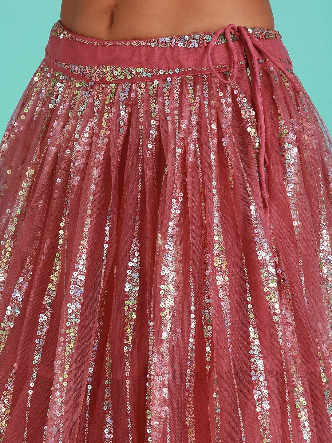Rose Gold Net Sequinse Work Semi-Stitched Lehenga & Unstitched Blouse, Dupatta