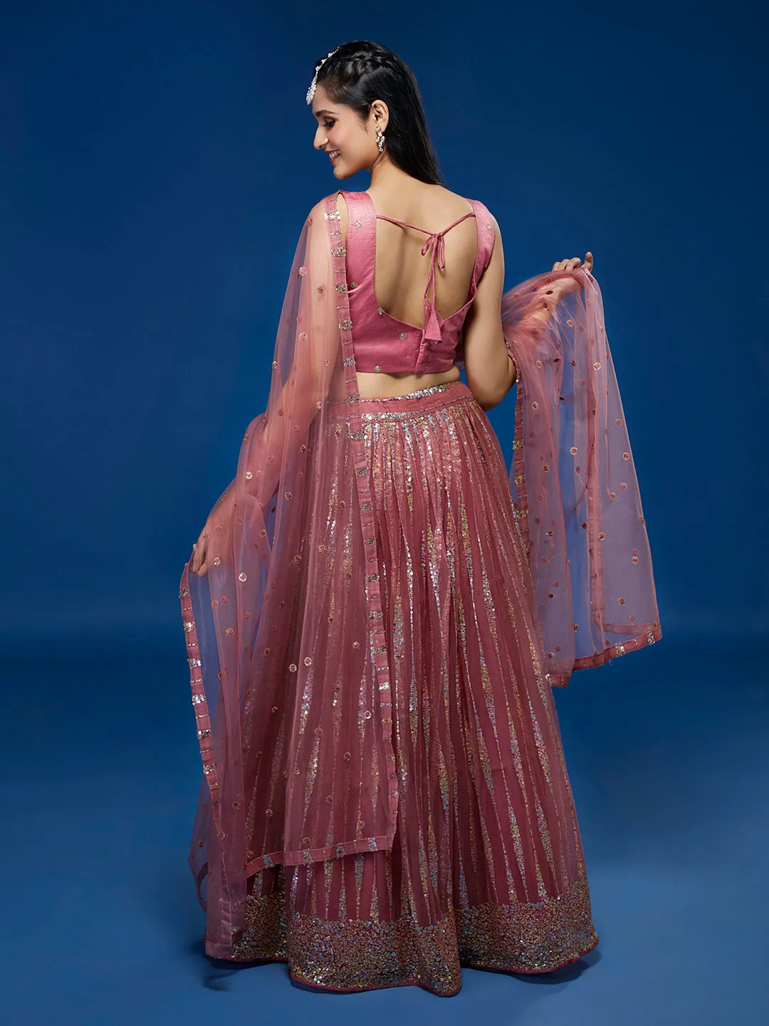 Rose Gold Net Sequinse Work Semi-Stitched Lehenga & Unstitched Blouse, Dupatta