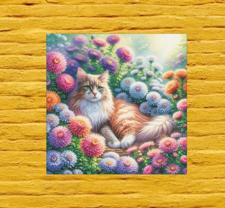 September Birthday Aster Flower Cat Lover  -  Wall Art Decor Gift - 8x8 Size