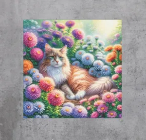 September Birthday Aster Flower Cat Lover  -  Wall Art Decor Gift - 8x8 Size